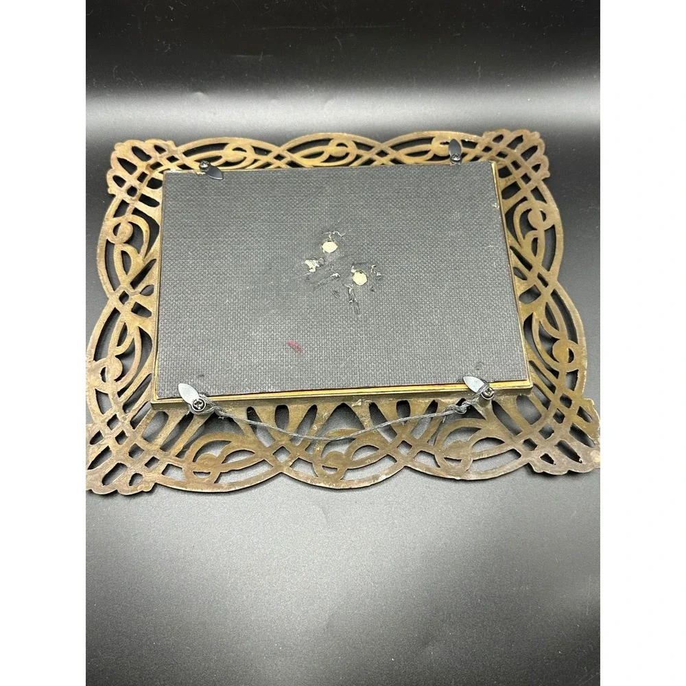 Vintage Ornate Brass Metal Scrollwork Picture Frame with Oval Blue Matte 8x9.5